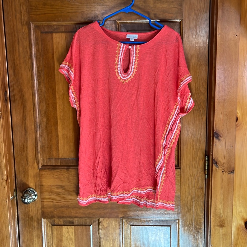 J. Jill Love Linen Keyhole Shortsleeve Embroidered Blouse Size XL